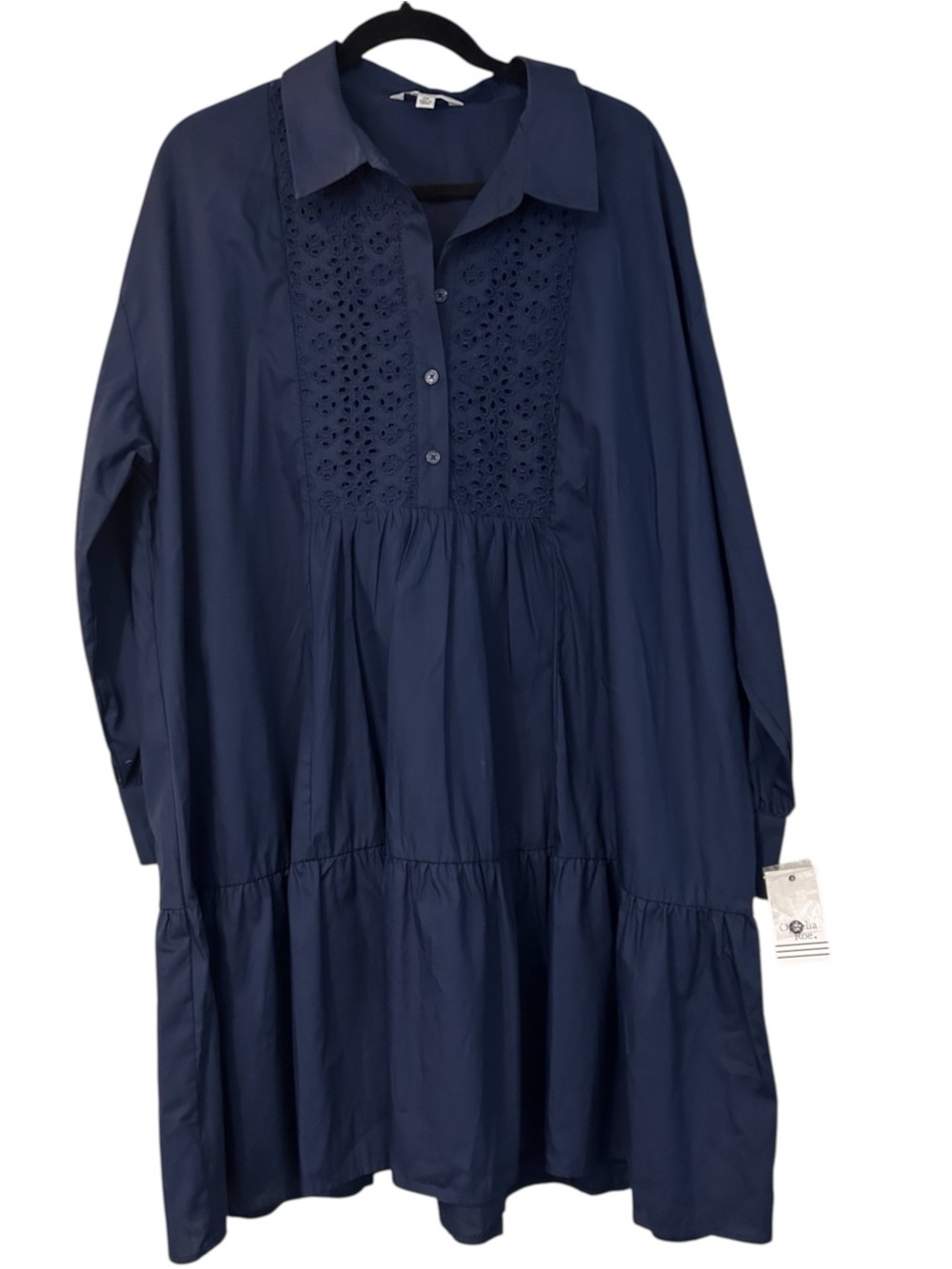 NWT Ophelia Roe Navy Blue Eyelet Tiered Shirt Dress Long Sleeve Prep Boho Sz 2X